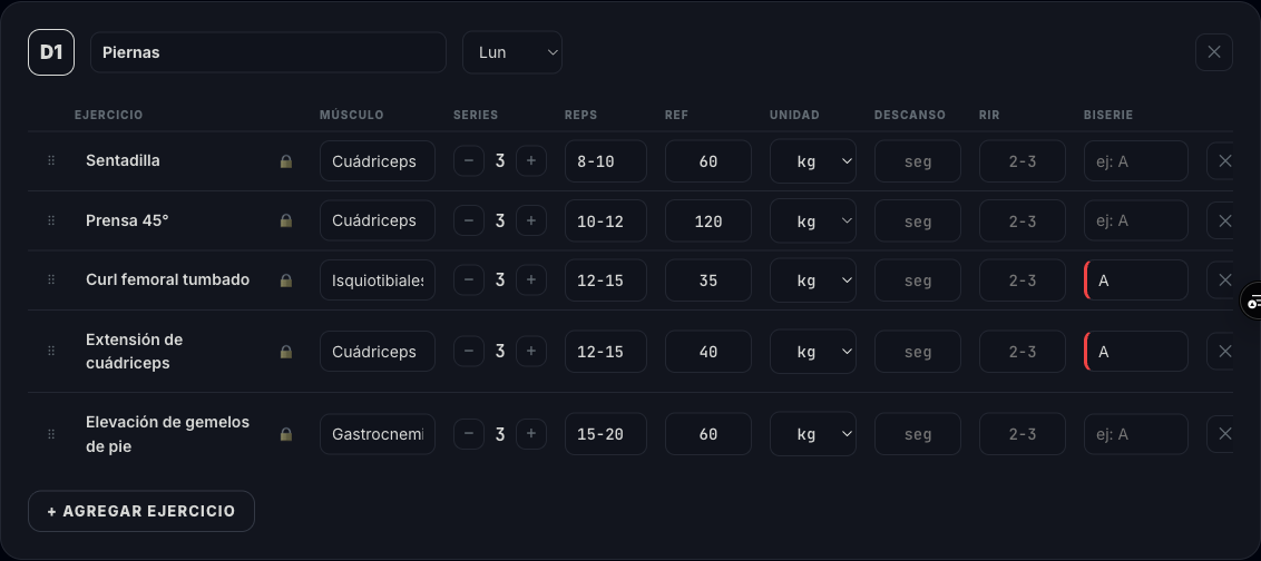 Editor de plan con los días de la semana y la tabla de ejercicios de cada uno