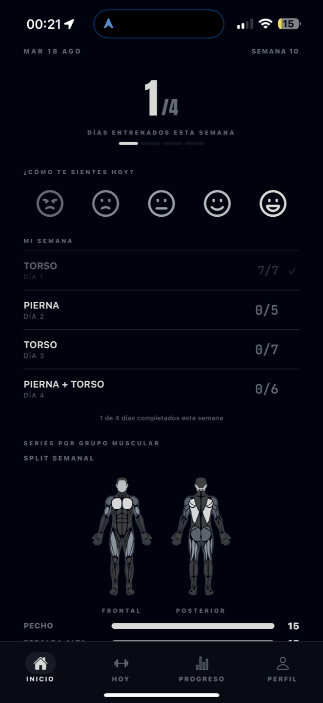 Pantalla de inicio del alumno con sus días entrenados de la semana